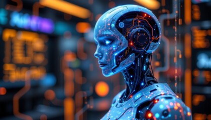 cyborg concept with digital data streams in blue