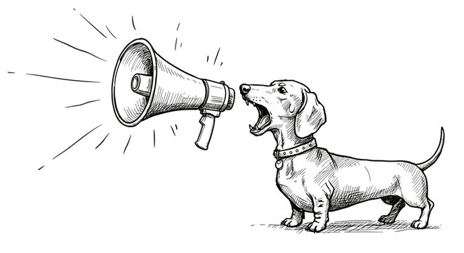 Dachshund shouting into a megaphone, dog with loudspeaker, vintage ink sketch doodle black and white vector illustration on white background.