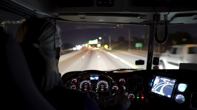 Trucker driving highway at night, traffic blurred
