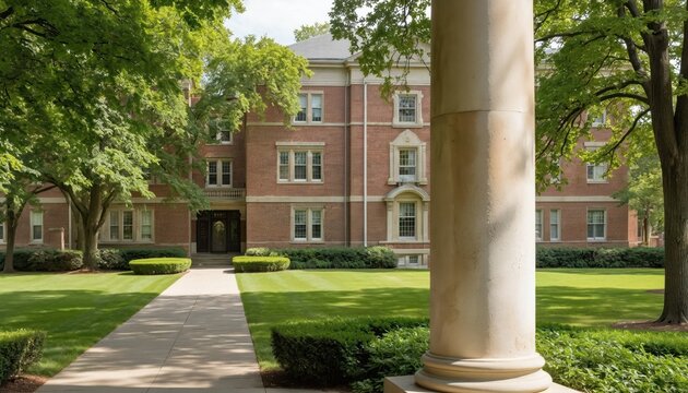 Classical brick college building with walkway through manicured lawn, trees. Features prominent column in foreground. Represents education, academia, traditional architecture for university campuses,