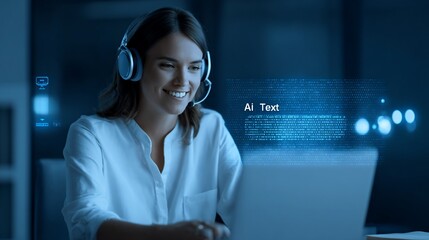 Woman with headset working on a laptop, AI text bubble