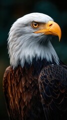 Fototapeta premium Close-up portrait of a bald eagle with an intense gaze, showcasing its powerful presence against a blurred natural habitat.