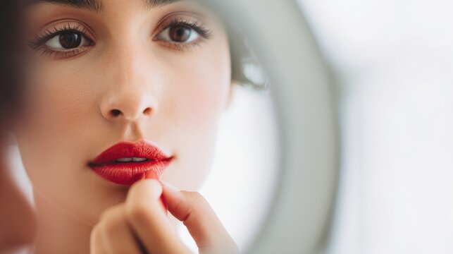 Young Woman Applying Bright Red Lipstick in Front of a Mirror With Soft Focus Background and Ample Text Space on the Right Side for Written Content