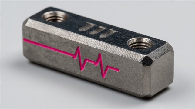 Shape-memory nitinol alloy bar with neon pink stress-strain curve design on white backdrop