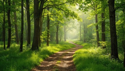 Naklejka premium Sunlight dapples winding dirt path through dense forest. Tall trees with green foliage form canopy overhead, casting shadows on sunlit ground. Tall grass borders trail creating serene natural