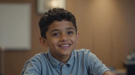 Naklejka premium Smiling Young Boy in Light Blue Polo with Warm Wooden Background