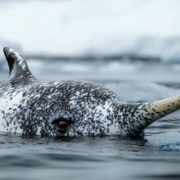 A narwhal swims freely in the open ocean, its distinctive tusk visible
