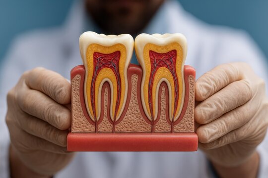 Dentist examines dental model showcasing tooth structure and anatomy in clinical setting
