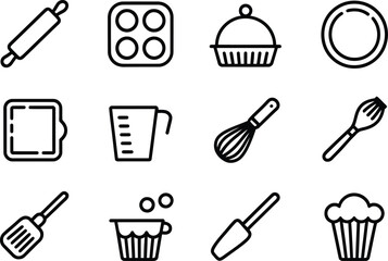 Collection of baking and cooking utensil icons in a simple line art style
