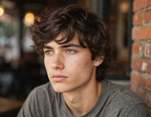 Obraz premium Young man with wavy brown hair, green eyes poses thoughtfully. Freckled face shows natural light, serious expression, wearing casual grey shirt near brick wall. Headshot portrait focuses on handsome