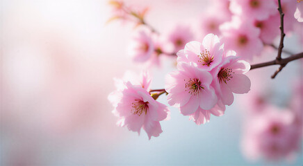 Obraz premium Close-up of blooming cherry blossom branches in soft pastel pink and lavender against a smooth gradient background transitioning from lightest blush to palest mint. Gentle spring lighting with dappled