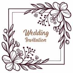Wedding invitation vector with floral border, golden text area in center and clean white background.