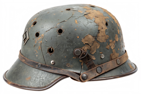 realistic damaged and rusted vintage steel military helmet with bullet holes and cracks, aged war relic from battlefield history on AI generated by PNG