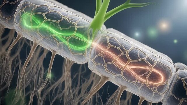 Microscopic perspective of fungalroot interaction highlighting mutualistic nutrient transfer pathways.