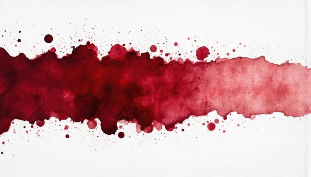 Illustration features watercolor wine stain in shades of red, burgundy. Abstract splash design on white paper shows liquid texture, small drips, grunge elements, perfect for menus artistic