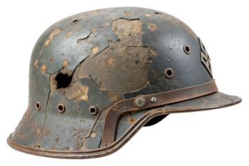 realistic damaged and rusted vintage steel military helmet with bullet holes and cracks, aged war relic from battlefield history on AI generated by PNG