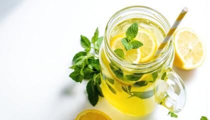 Refreshing lemonade with fresh mint, lemon slices in mason jar glass. This invigorating drink is perfect for hot summer days. Enjoy this healthy, organic, homemade beverage with natural ingredients.