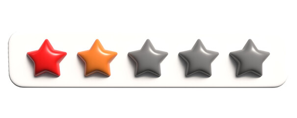 Two star review UI panel – low-rated feedback icon in vibrant 3D color design. Disappointment rating bar – practical review visual for products with poor performance.