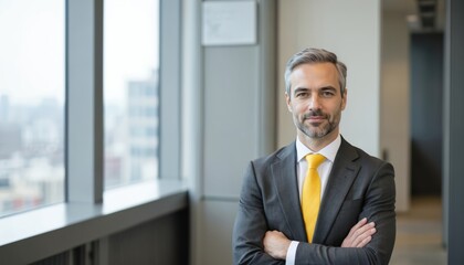 Fototapeta premium Mature businessman in gray suit, yellow tie. Confident executive with arms crossed in modern office. Successful professional man, sharp business attire, smart manager portrait, career growth themes.