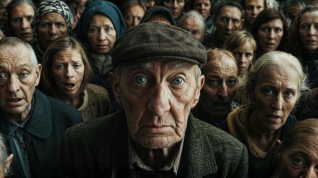 Worried elderly man in crowd shows concern and anxiety among group of distressed rural residents during community crisis or difficult circumstances. Destruction of the countryside