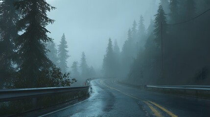 Driving on a foggy road through the forest: a scenic adventure with misty weather and tall evergreen trees