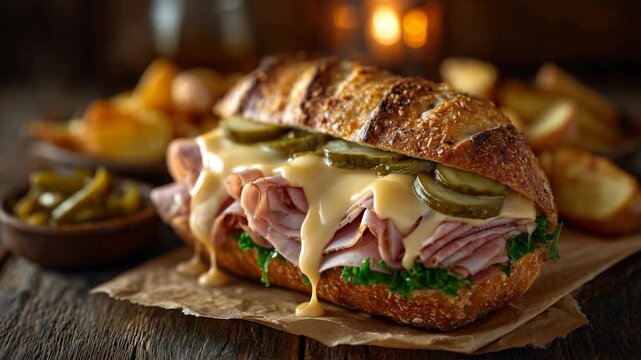 Mouthwatering sub sandwich with deli meats, melted cheese, and crisp veggies, surrounded by pickle spears and potato wedges.