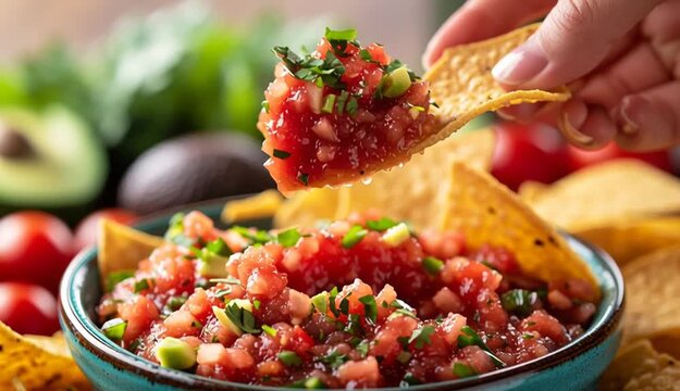 Hand dipping tortilla chip into salsa bowl, golden corn tortilla chips in turquoise bowl, chunky red salsa with cilantro garnish, Mexican appetizer spread