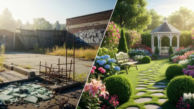 Splitscreen style pan showing contrast between abandoned lot and manicured garden setting.