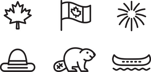 Canada Day Icons Set Featuring Maple Leaf, Flag, Fireworks, Hat, Beaver, and Canoe Symbols