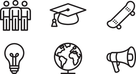 Diverse Icons of Progress A Vector Set Representing Teamwork, Education, Innovation, and Global Communication