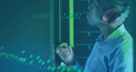 IT engineer tapping smartphone and initiating holographic overlay analyzing servers in data center - Powered by Adobe