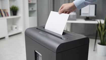 Secure document shredding in modern office. Hand feeds paper into efficient shredder machine for confidential waste disposal and data safety. Clean workspace with automation and productivity.