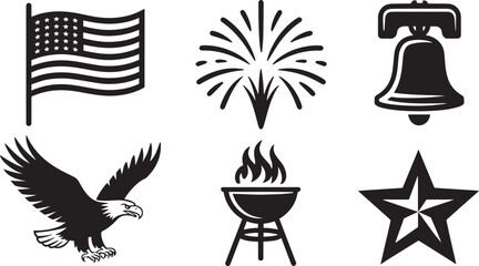 Fourth of July Icons Vector Set with American Flag, Fireworks, Liberty Bell, Eagle, Grill, and Star