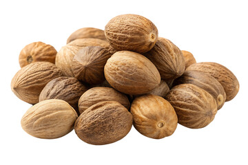 realistic photograph of a pile of whole nutmeg seeds on isolated background for spice and culinary use AI generated by PNG