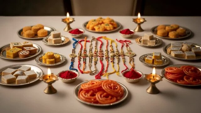 Raksha Bandhan celebrations with sweets, lit diyas, and colorful rakhis displayed on table. Raksha Bandhan, traditional Indian festival, showcases vibrant rakhis, delicious mithai