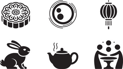 Mid-Autumn Festival Icons Set Line Art Style Mooncake Lantern Rabbit Teapot Reunion