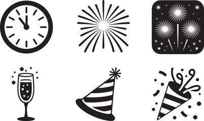 New Year's Eve Icons Set Outline Style Vector Illustration for End of Year Celebration