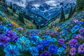 Summer alpine meadow with vibrant flowers and green grass, with a scenic view of a mountain valley under a blue sky