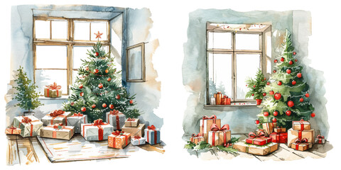 christmas decorated room watercolor vector illustration