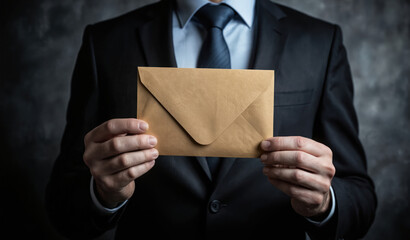 Man in formal suit holds brown envelope. Business imagery represents resignation letter important job offer, signalling employee turnover career change. Effective HR communication, talent management