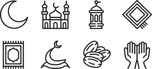 Fototapeta premium Ramadan Kareem Icons Set Outline Style Crescent Moon Mosque Lantern Prayer Rug Dates Hands Isolated