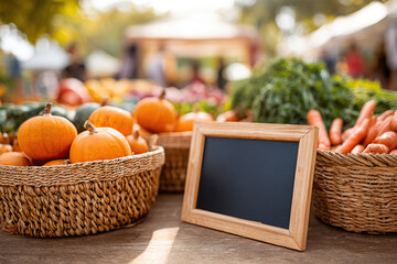 Vibrant farmers market stand featuring fresh produce in woven baskets during sunny day