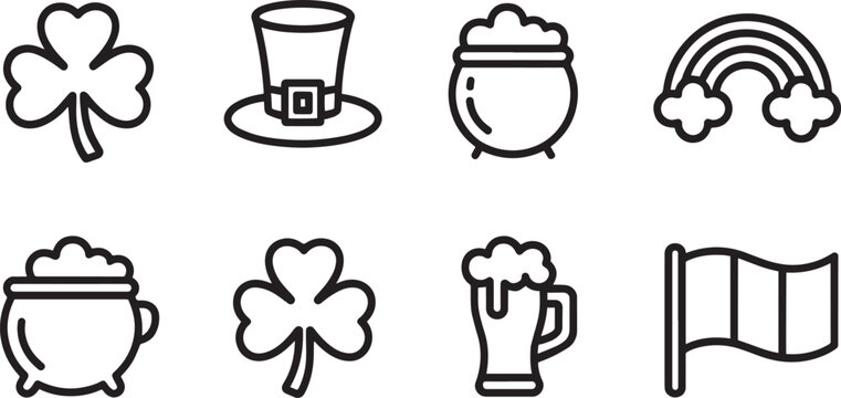 St. Patrick's Day Icons Set Outline Style Shamrock Hat Pot of Gold Rainbow Beer Flag