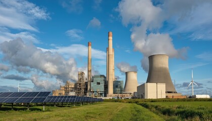 Power plant with cooling towers, smokestacks, solar panels. Wind turbines visible in distance. Blue sky with clouds above industrial energy production site combining fossil fuel, renewable sources.