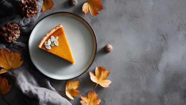 Overhead view of a slice of pumpkin pie on a plate, surrounded by autumnal leaves, pine cones, and nuts on a gray background