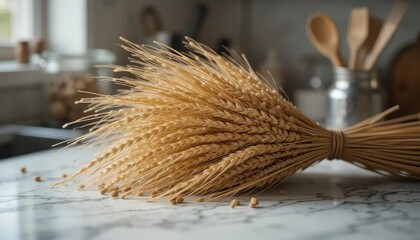 A bunch of dried wheat stalks sits on a light-colored countertop in a kitchen setting.