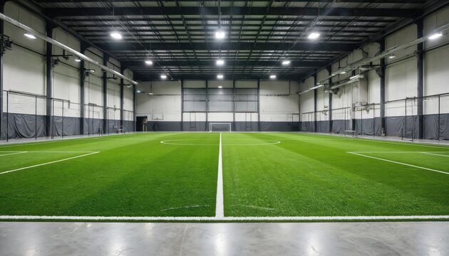 Indoor soccer field with artificial turf and goal. Large warehouse setting with bright lighting and concrete floor. Facility is ideal for soccer training, practice, and games year-round.