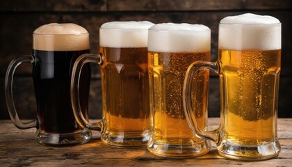 Four beer mugs filled with frothy lager, dark ale neatly arranged on rustic wooden table. Bubbles rise in golden liquid, cold beverage refreshing quality. Minimalism, simplicity define scene.
