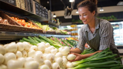 A cheerful and friendly store clerk in green apron is happily organizing fresh white onions on display at a supermarket. Image highlights healthy living, fresh produce, excellent customer service.