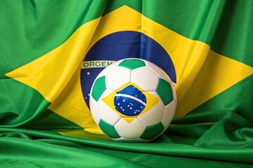 Classic brazilian football resting prominently against the vibrant colors of the national flag